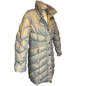Long Puffer Jacket Liz‎ Claiborne - Quilted Sz M Silver Zip Pockets - No Hood
